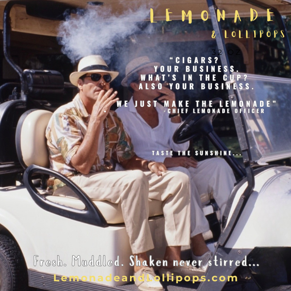 Two men in a golf cart — Cigars? Your business. What's in the cup? Also your business.